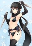  :d akemiho_tabi_nikki belt bikini black_bikini black_hair black_legwear breasts cleavage elbow_gloves fujibayashi_sora gloves highres kouno_hikaru kunai long_hair looking_at_viewer navel ninja open_mouth ponytail scarf short_hair side-tie_bikini small_breasts smile solo string_bikini swimsuit thighhighs utility_belt weapon 