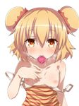  blonde_hair blush collarbone condom condom_in_mouth dress eyebrows_visible_through_hair flat_chest heart heart-shaped_pupils kounosu_satori looking_at_viewer md5_mismatch mouth_hold nipples off_shoulder simple_background solo striped striped_dress symbol-shaped_pupils viprpg white_background yellow_eyes 