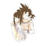  1boy 1girl black_hair chi-chi_(dragon_ball) chichi china_dress chinese_clothes dragon_ball dragonball_z dress happy husband_and_wife ponytail pregnant short_hair simple_background smile son_gokuu spiked_hair spiky_hair 