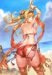  aos armpits arms_up ass back bangle beach bikini blonde_hair blue_eyes blue_sky bracelet braid breasts cameltoe cloud day dutch_angle earrings eyewear_on_head floating_hair flower from_behind granblue_fantasy hair_flower hair_ornament hairband halter_top halterneck hibiscus highres jewelry large_breasts light_smile long_hair looking_at_viewer looking_back ocean outdoors polearm red_bikini rock shawl shoulder_blades side-tie_bikini sideboob sky solo sunglasses swimsuit tassel thigh_strap thighs trefoil twintails weapon wind zeta_(granblue_fantasy) 