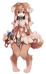  animal_ears bare_shoulders blush brown_eyes brown_hair collar dog_collar dog_ears dog_tags dog_tail full_body kenkou_cross kobold_(monster_girl_encyclopedia) long_hair looking_at_viewer monster_girl monster_girl_encyclopedia navel official_art open_mouth pet simple_background smile solo tail white_background 