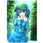  blue_eyes blue_hair catbell hair_bobbles hair_ornament hat kawashiro_nitori key lowres open_mouth solo touhou twintails two_side_up 