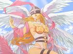  absurdres angewomon asymmetrical_gloves blonde_hair breasts cleavage day digimon feathered_wings feathers gloves helmet highres long_hair medium_breasts middle_finger navel pink_ribbon ribbon sky smile solo strapless white_wings wings zhuyu_fei 