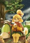  1girl blonde_hair brown_eyes dog doubutsu_no_mori eating furry ground_vehicle motor_vehicle motorcycle night nintendo setouchi_kurage shizue_(doubutsu_no_mori) short_hair smile solo 