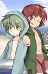  ;d androgynous bad_id bad_twitter_id beach blue_coat can day green_eyes green_hair hood hooded_jacket hoodie jacket jandare len'en multiple_others navel one_eye_closed open_mouth red_eyes red_hair shitodo_aoji shitodo_hooaka short_hair shorts siblings smile 