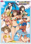  american_flag_bikini beach bikini black_hair blonde_hair blue_eyes blue_hair breasts brown_eyes brown_hair dark_skin flag_print glasses go_robots gradient gradient_background green_eyes large_breasts looking_at_viewer multiple_girls one_eye_closed ponytail red_eyes short_hair smile swimsuit tan translation_request twintails 