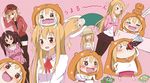  &gt;.&lt; 2girls :d animal_hood artist_request blush blush_stickers brown_hair casual chibi crying doma_umaru ebina_nana embarrassed female hamster hamster_costume hat himouto!_umaru-chan hood jacket long_hair looking_at_viewer multiple_girls open_mouth pantyhose pink_shorts polka_dot_background saliva school_uniform shorts skirt smile tears thighhighs twintails 