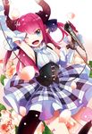  ;d arm_up armpits blue_eyes corset elizabeth_bathory_(fate) elizabeth_bathory_(fate)_(all) fate/extra fate/extra_ccc fate_(series) horns microphone one_eye_closed open_mouth pink_hair puyue rojiura_satsuki:_chapter_heroine_sanctuary smile solo 