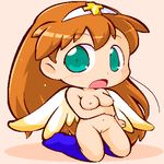  1girl artist_request bikkuriman blush boots breasts brown_hair chibi cross female green_eyes hair_ornament hairband juujika_tenshi long_hair lowres navel nipples nude open_mouth pussy sggg solo uncensored wings 