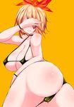  ass bikini blush breasts embarrassed han_(jackpot) hand_over_face large_breasts lips short_hair solo swimsuit thick_thighs thighs toramaru_shou touhou twisted_torso 