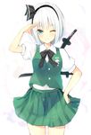  ;) aqua_eyes hand_on_hip hand_over_face highres katana konpaku_youmu one_eye_closed oyu_(sijimisizimi) salute silver_hair smile solo sword touhou weapon 