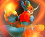 anthro armor digimon digital_media_(artwork) fire flamedramon leather_straps looking_at_viewer looking_back lovespell male rear_view scalie sognature solo 