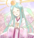  :d ^_^ amaterasu_(p&amp;d) aqua_hair closed_eyes hagoromo hands_clasped interlocked_fingers japanese_clothes long_hair long_sleeves lotus_(elico) open_mouth own_hands_together puzzle_&amp;_dragons shawl smile solo sun upper_body very_long_hair wide_sleeves 