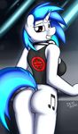  2015 absurd_res anthro anthrofied blue_hair bottomless butt clothed clothing cutie_mark devs-iratvs dock equine female friendship_is_magic fur hair half-dressed headphones hi_res horn looking_at_viewer mammal my_little_pony pussy solo unicorn vinyl_scratch_(mlp) white_fur 