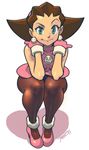  brown_hair crotch_plate dress earrings full_body gloves green_eyes hair_pulled_back hairband jewelry looking_at_viewer pantyhose pink_dress pink_gloves pink_hairband pumps robert_porter rockman rockman_dash short_hair solo squatting tron_bonne 
