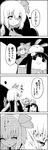  4koma :d :x animal animal_on_head bow bunny cirno clenched_hand comic commentary crying fairy fleeing greyscale hair_bow hand_on_another's_head highres houraisan_kaguya ice ice_wings long_hair monochrome multiple_girls on_head open_mouth person_on_back petting rumia running scared short_hair side_ponytail sigh smile sweat tani_takeshi tears touhou translated visible_air wings yukkuri_shiteitte_ne |_| 