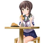  ame. blue_skirt blush bread brown_eyes brown_hair commentary_request cup eating food fubuki_(kantai_collection) kantai_collection looking_at_viewer pleated_skirt ponytail school_uniform serafuku short_hair simple_background sitting skirt solo table waving white_background yellow_eyes yunomi 