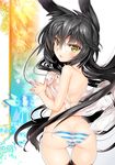  animal_ears ass back black_hair breasts cameltoe char covering covering_breasts from_behind highres long_hair looking_at_viewer looking_back necro-san original panties parted_lips see-through shiny shiny_skin skindentation small_breasts solo striped striped_panties thigh_gap topless underwear yellow_eyes 