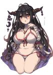  bikini black_hair blue_hair blush breasts brown_eyes danua draph granblue_fantasy gretel_(granblue_fantasy) hansel_(granblue_fantasy) horn_ornament horns jewelry large_breasts long_hair looking_at_viewer navel parted_lips pendant pointy_ears puppet seiza shikino_yuki simple_background sitting solo swimsuit teeth translated white_background 