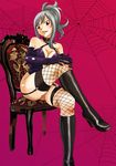  1girl bare_shoulders black_eyes blush boots breasts cashew chair cleavage collar elbow_gloves fairy_tail fishnet_legwear fishnets garter_straps gloves gradient gradient_background grey_hair high_heel_boots high_heels juvia_loxar knee_boots legs_crossed looking_at_viewer parted_lips ponytail sitting smile solo spider_web thighhighs 