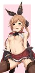 bare_shoulders black_gloves black_legwear breasts brown_hair cape clarisse_(granblue_fantasy) gloves granblue_fantasy green_eyes kirieppa long_hair looking_at_viewer nipples open_mouth ponytail shirt_lift skirt skirt_lift sleeveless small_breasts smile solo squatting thighhighs very_long_hair 