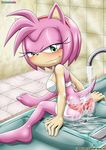  amy_rose barefoot bbmbbf blush bra clothed clothing female hairband half-dressed hedgehog mammal mobius_unleashed palcomix panties sink smile sonic_(series) underwear wet 