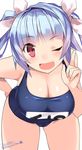  ;d bent_over blush breasts cleavage dated fang hair_ribbon hand_on_hip highres i-19_(kantai_collection) index_finger_raised kantai_collection kuro_chairo_no_neko large_breasts lavender_hair long_hair looking_at_viewer name_tag old_school_swimsuit one-piece_swimsuit one_eye_closed open_mouth paw_print pink_eyes pink_ribbon ribbon school_swimsuit simple_background skindentation smile solo star swimsuit tri_tails twitter_username white_background 