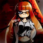  1girl blue_eyes domino_mask female frown gradient gradient_background hand_on_hip inkling mask midriff navel nintendo orange_hair solo splatoon twintails wince 