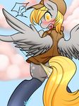 ! ? azure-doodle big_eyes blonde_hair blush clothed clothing cloud cutie_mark derpy_hooves_(mlp) equine female friendship_is_magic fur grey_fur hair hat horse looking_back mammal my_little_pony open_mouth outside panties pony pussy pussy_juice solo teeth tongue underwear wardrobe_malfunction wings 
