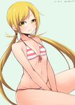  1girl akky_(akimi1127) bare_shoulders between_legs bikini blonde_hair blush breasts closed_mouth collarbone female kantai_collection long_hair looking_at_viewer navel satsuki_(kantai_collection) simple_background sitting small_breasts smile solo swimsuit twintails yellow_eyes 