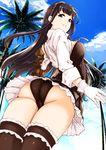  ass black_eyes black_hair black_legwear black_panties blush breasts day frilled_legwear frills from_behind from_below gloves goggles goggles_on_head granblue_fantasy gustav_(telomere_na) jessica_(granblue_fantasy) large_breasts long_hair looking_at_viewer outdoors panties skirt smile solo thighhighs underwear upskirt white_gloves 