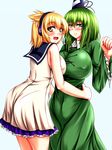  blonde_hair breasts covered_nipples dress green_dress green_eyes green_hair hat highres huge_breasts large_breasts multiple_girls parmiria simple_background soga_no_tojiko tate_eboshi touhou toyosatomimi_no_miko yellow_eyes 