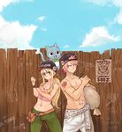  1boy 1girl animal blonde_hair blush breasts brown_eyes cat cleavage cloud fairy_tail fence happy_(fairy_tail) hat looking_at_viewer lucy_heartfilia midriff natsu_dragneel navel red_hair scar sky smile tagme 