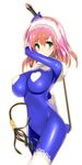  arm_up beastmaster_(final_fantasy) blush bodysuit breasts covered_nipples final_fantasy final_fantasy_v green_eyes headdress heart highres hima holding large_breasts lenna_charlotte_tycoon outline pink_hair simple_background smile solo whip white_background 