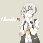  adjusting_clothes adjusting_gloves asymmetrical_hair bad_id bad_twitter_id blue_eyes character_name dress_shirt gloves kantai_collection long_hair necktie nowaki_(kantai_collection) shirt short_sleeves silver_hair simple_background solo souji upper_body vest white_gloves yellow_neckwear 