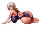  ass breasts curvy female from_behind hair_ornament hair_over_one_eye hairclip hamakaze_(kantai_collection) hetero huge_ass huge_breasts kantai_collection looking_at_viewer looking_back mo-frederick one-piece_swimsuit purple_swimsuit short_hair silver_hair simple_background solo solo_focus swimsuit white_hair 