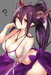  ? bandages bikini black_hair blush breast_hold breasts cleavage collarbone danua draph granblue_fantasy grey_background horn_ornament horns inayama jewelry large_breasts long_hair looking_at_viewer open_mouth pendant pointy_ears ponytail red_eyes simple_background solo suggestive_fluid swimsuit 