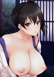  bad_id bad_pixiv_id black_eyes black_hair breasts japanese_clothes kaga_(kantai_collection) kamimiya kantai_collection large_breasts nipples open_mouth short_hair side_ponytail solo 