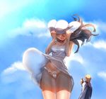  1girl bare_shoulders bow_(bhp) brown_hair closed_eyes cloud day dress dress_lift hands_on_headwear hands_up hat hat_tug long_hair open_mouth original panties pantyshot pantyshot_(standing) skirt sky standing sun_hat sundress thumbs_up underwear upskirt white_panties wind wind_lift 