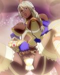  bikini_warriors blonde_hair breasts dark_elf_(bikini_warriors) dark_skin female gradient gradient_background highres large_breasts lipstick long_hair makeup open_mouth pointy_ears red_eyes solo spread_legs stitched 