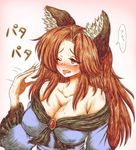  animal_ears bare_shoulders blush breasts brooch brown_hair cleavage collarbone dress fingernails hot imaizumi_kagerou jewelry large_breasts long_hair one_eye_closed open_mouth red_eyes solo speech_bubble sweat tongue tongue_out touhou translation_request wolf_ears ziogon 