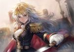  belt blonde_hair blue_eyes breasts cape epaulettes gloves kantai_collection large_breasts long_hair looking_at_viewer matsuda_(matsukichi) mikasa_(battleship) mikasa_(kantai_collection) military military_uniform original personification solo sword uniform weapon white_gloves z_flag 