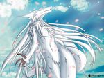  2013 anthro capricorn92 claws cloud female flat_chested fluffy fur hair half-closed_eyes long_hair nude ophelia outside petals red_eyes sergal sky solo tuft white_fur white_hair wide_hips 