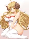  anila_(granblue_fantasy) between_legs blonde_hair blush breasts brown_eyes cleavage draph eyebrows futoshi gloves gradient gradient_background granblue_fantasy hand_between_legs horns huge_breasts long_hair looking_at_viewer no_panties no_shoes sheep_horns simple_background sitting smile solo thick_eyebrows thighhighs wariza white_gloves white_legwear 
