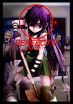  black_border blood border circle dead_rising ebisuzawa_kurumi english fingerless_gloves gakkou_gurashi! gloves highres knee_pads long_hair parody purple_eyes purple_hair school_uniform shovel skirt solo spoilers twintails zanpan526 zombie 