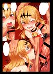  1girl bar_censor bare_shoulders black_rock_shooter blank_eyes blonde_hair blush censored chariot_(black_rock_shooter) cheek_poking collar comic cross-section crying crying_with_eyes_open deepthroat drooling fellatio finger_in_another's_mouth frown hair_between_eyes hand_on_another's_head hetero highres irrumatio leash long_hair looking_at_viewer looking_up m-da_s-tarou male_pubic_hair one_eye_closed oral penis poking poking_with_penis pubic_hair saliva solo_focus sweat tears tongue tongue_out trembling veins veiny_penis wide-eyed yellow_eyes 