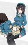  atago_(kantai_collection) bad_id bad_twitter_id black_hair blonde_hair breasts gloves hat highres inactive_account kantai_collection lap_pillow large_breasts long_hair military military_uniform mitsudoue multiple_girls pantyhose red_eyes short_hair takao_(kantai_collection) thighhighs uniform 