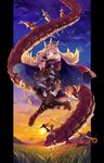  blonde_hair book cagliostro_(granblue_fantasy) crown fuji_fujino granblue_fantasy long_hair looking_at_viewer ouroboros_(granblue_fantasy) purple_eyes snake spikes stabbed thighhighs 