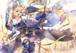  armor armored_boots armored_dress banner bare_shoulders blonde_hair blue_eyes blue_footwear boots breasts capura_lin cleavage detached_sleeves flower gauntlets granblue_fantasy greaves hair_flower hair_ornament hair_ribbon jeanne_d'arc_(granblue_fantasy) large_breasts long_hair open_mouth ribbon solo sword thigh_boots thighhighs very_long_hair weapon 
