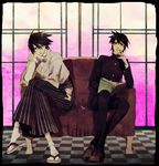  black_hair book checkered checkered_floor gakuran glasses goroo itoshiki_nozomu japanese_clothes kimono kudou_jun male_focus multiple_boys sandals sayonara_zetsubou_sensei school_uniform shosei sitting window 